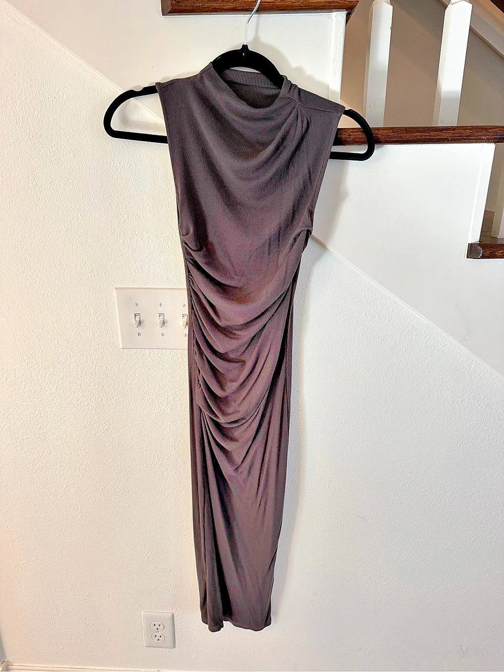 Enza Costa Silk Knit Sleeveless Twist Midi Dress Brown Small